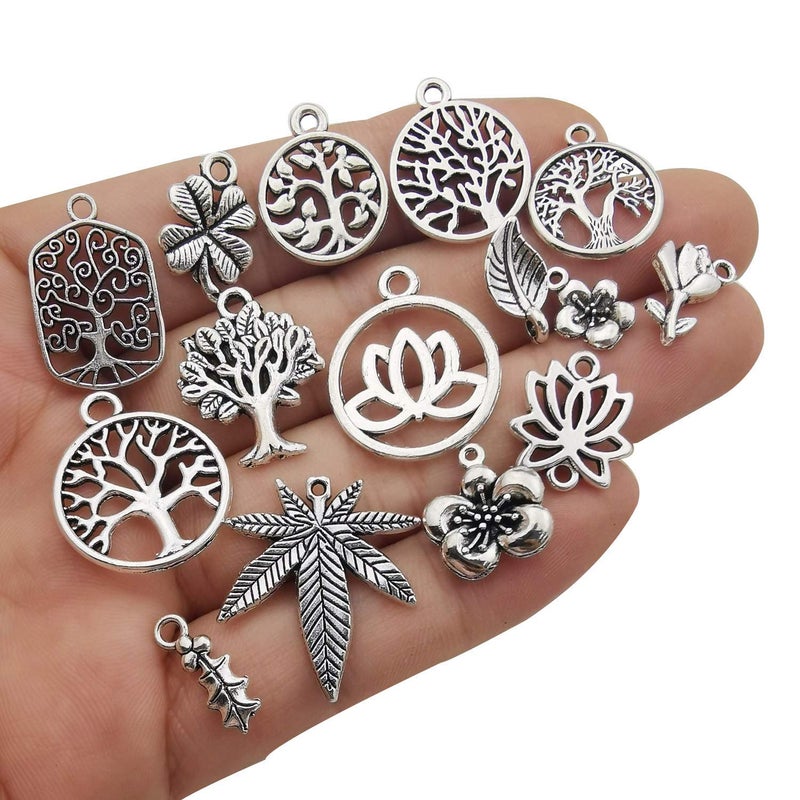 Youdiyla 100pcs Mix Silver Tree Flower Charms Collection, Bulk Mini Small Little Charms Metal Pendant Craft Supplies Findings for Necklace and Bracelet Jewelry Making (HM291) - Image 4
